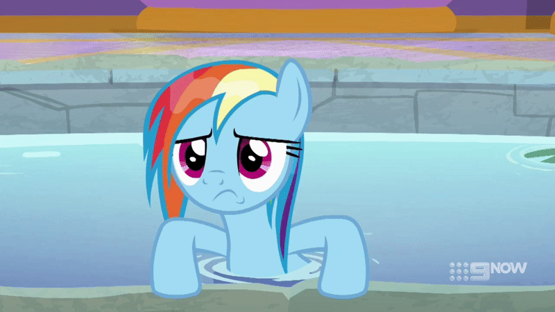 Size: 800x450 | Tagged: safe, screencap, character:rainbow dash, character:spike, character:starlight glimmer, species:alicorn, species:dragon, species:pegasus, species:pony, species:unicorn, episode:deep tissue memories, animated, gif, hiding, ponyville spa, smiling, sneaking, splashing, surprised face, swimming, unamused, underwater, water, wet, wet mane