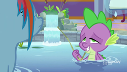 Size: 1280x720 | Tagged: safe, screencap, character:rainbow dash, character:spike, species:dragon, species:pegasus, species:pony, episode:deep tissue memories, 9now, faec, lidded eyes, out of context, ponyville spa, smiling, stoner spike, water, wet, wet mane