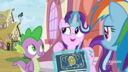 Size: 1600x900 | Tagged: safe, screencap, character:rainbow dash, character:spike, character:starlight glimmer, species:dragon, episode:deep tissue memories, 9now, book, house, levitation, magic, outdoors, scrapbook, telekinesis, winged spike
