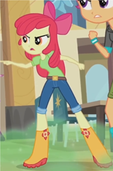 Size: 944x1433 | Tagged: safe, screencap, character:apple bloom, character:scootaloo, species:pegasus, species:pony, equestria girls:rainbow rocks, g4, my little pony:equestria girls, angry, apple bloom's bow, boots, bow, cafeteria, chair, clothing, cropped, hair bow, jeans, pants, pointing, shirt, shoes, solo, solo focus, table