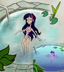 Size: 2647x2968 | Tagged: safe, artist:citi, screencap, character:twilight sparkle, character:twilight sparkle (alicorn), species:alicorn, species:human, species:pony, episode:deep tissue memories, breasts, cleavage, clothing, female, humanized, one-piece swimsuit, scene interpretation, screencap reference, solo, swimsuit, traditional art