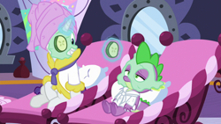 Size: 1920x1080 | Tagged: safe, screencap, character:rarity, character:spike, episode:dragon dropped, g4, my little pony: friendship is magic, bathrobe, clothing, cucumber, cucumber monocle, cucumber pirate, food, mud mask, robe, towel on head