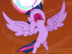 Size: 839x630 | Tagged: safe, screencap, character:twilight sparkle, character:twilight sparkle (alicorn), species:alicorn, species:pony, episode:twilight's kingdom, g4, my little pony: friendship is magic, cropped, fight, magic, magic ball, open mouth, solo, spread wings, super saiyan princess, twilight vs tirek, uvula, volumetric mouth, window, wings