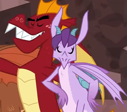 Size: 700x620 | Tagged: safe, screencap, character:garble, character:prominence, species:dragon, episode:gauntlet of fire, g4, my little pony: friendship is magic, cropped, dragoness, duo, eyes closed, female, male, out of context, teeth