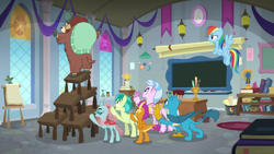 Size: 1920x1080 | Tagged: safe, screencap, character:gallus, character:ocellus, character:rainbow dash, character:sandbar, character:silverstream, character:smolder, character:yona, species:changedling, species:changeling, species:classical hippogriff, species:dragon, species:griffon, species:hippogriff, species:pony, species:reformed changeling, species:yak, episode:school daze, g4, my little pony: friendship is magic, classroom, desk, student six, this will end in pain
