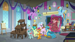 Size: 1920x1080 | Tagged: safe, screencap, character:gallus, character:ocellus, character:rainbow dash, character:sandbar, character:silverstream, character:smolder, character:twilight sparkle, character:twilight sparkle (alicorn), character:yona, species:alicorn, species:changedling, species:changeling, species:classical hippogriff, species:dragon, species:griffon, species:hippogriff, species:pony, species:reformed changeling, species:yak, episode:school daze, g4, my little pony: friendship is magic, classroom, desk, magic, student six