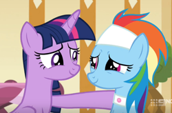 Size: 814x535 | Tagged: safe, screencap, character:rainbow dash, character:twilight sparkle, character:twilight sparkle (alicorn), species:alicorn, species:pony, episode:deep tissue memories, 9now, comforting, cropped, crying, duo, looking at each other, sad smile, smiling, spa pony rainbow dash, tears of joy