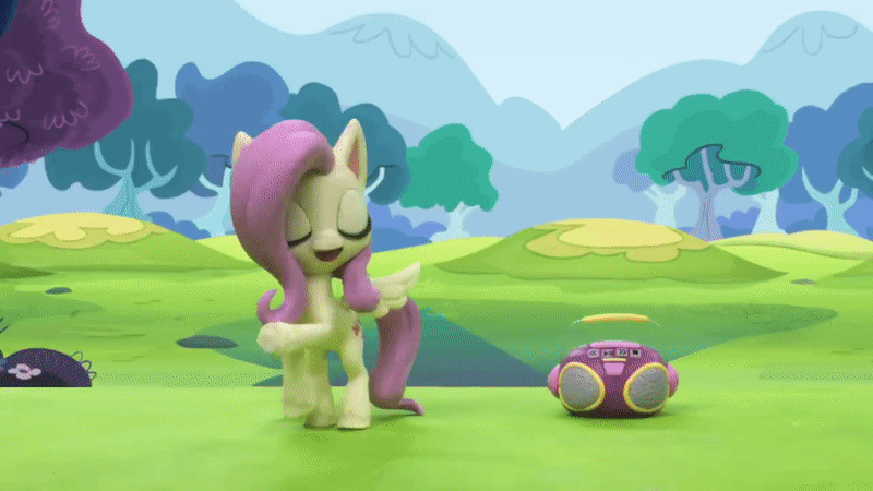 Size: 800x450 | Tagged: safe, screencap, character:fluttershy, character:rainbow dash, species:pegasus, species:pony, g4.5, my little pony: stop motion short, my little pony:pony life, animated, dance dance, dancing, eyes closed, flying, gif, grass, hooves up, outdoors, radio, smiling