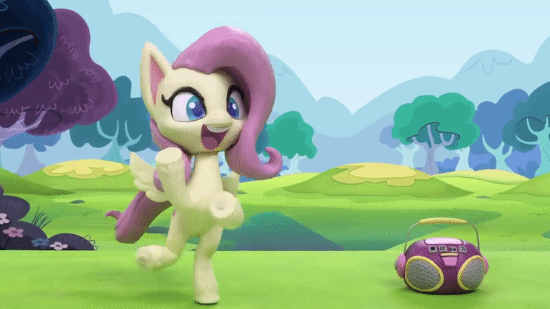 Size: 800x450 | Tagged: safe, screencap, character:fluttershy, species:pegasus, species:pony, g4.5, my little pony: stop motion short, my little pony:pony life, animated, bipedal, cute, dance dance, dancing, gangnam style, gif, grass, radio, shyabetes, solo, stop motion, tree, wings