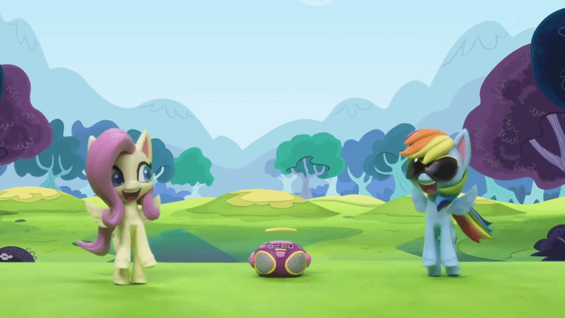 Size: 800x450 | Tagged: safe, screencap, character:fluttershy, character:rainbow dash, species:pegasus, species:pony, g4.5, my little pony: stop motion short, my little pony:pony life, animated, dance dance, dancing, gif, grass, looking at each other, outdoors, radio, smiling, stop motion, sunglasses, tree, wings
