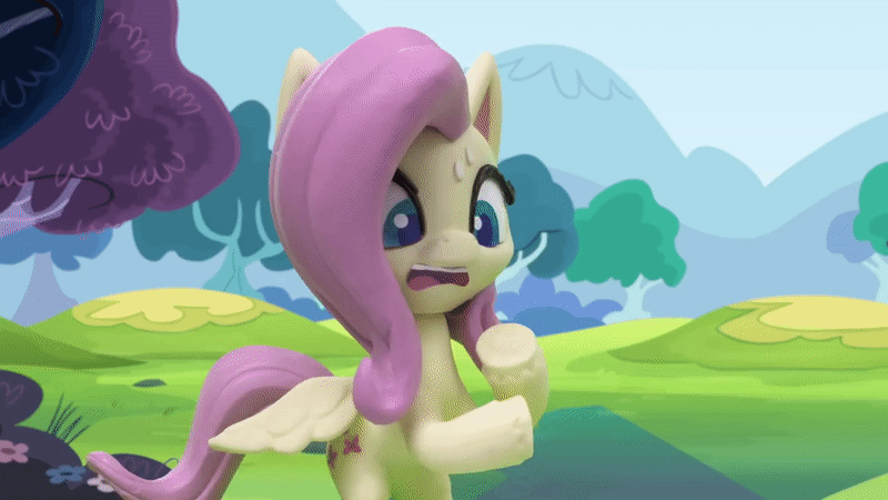 Size: 800x450 | Tagged: safe, screencap, character:fluttershy, species:pegasus, species:pony, g4.5, my little pony: stop motion short, my little pony:pony life, animated, bipedal, dance dance, dancing, gif, grass, hooves up, solo, stop motion, sweat, sweatdrop, tree, wings, worried, zoom in, zoomed in