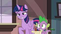 Size: 991x551 | Tagged: safe, screencap, character:spike, character:twilight sparkle, character:twilight sparkle (alicorn), species:alicorn, species:pony, episode:p.p.o.v. (pony point of view), g4, my little pony: friendship is magic, cute, discovery family logo, lidded eyes, quill pen, smiling, twiabetes