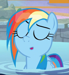 Size: 607x658 | Tagged: safe, screencap, character:rainbow dash, episode:deep tissue memories, animation error, cropped, cute, dashabetes, eyes closed, solo, swimming pool, wet mane