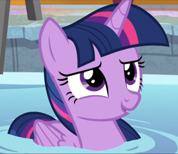 Size: 838x727 | Tagged: safe, screencap, character:twilight sparkle, character:twilight sparkle (alicorn), species:alicorn, species:pony, episode:deep tissue memories, cropped, cute, female, folded wings, mare, smiling, solo, swimming pool, twiabetes, twilight duckle, water, wings
