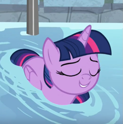 Size: 531x535 | Tagged: safe, screencap, character:twilight sparkle, character:twilight sparkle (alicorn), species:alicorn, species:pony, episode:deep tissue memories, cropped, cute, eyes closed, female, folded wings, mare, smiling, solo, swimming pool, twiabetes, twilight duckle, water, wings