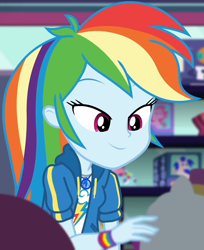 Size: 882x1080 | Tagged: safe, screencap, character:rainbow dash, equestria girls:holidays unwrapped, g4, my little pony:equestria girls, clothing, cloud, cropped, cute, dashabetes, dashing through the mall, female, geode of super speed, jacket, jewelry, lidded eyes, looking down, magical geodes, merchandise, necklace, rainbow, shirt, short sleeves, smiling, store, stuffed animals, t-shirt, thunderbolt, wristband