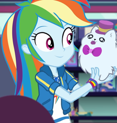 Size: 1033x1080 | Tagged: safe, screencap, character:rainbow dash, equestria girls:holidays unwrapped, g4, my little pony:equestria girls, bow tie, canterlot mall, clothing, cloud, cropped, cute, dashabetes, dashing through the mall, female, geode of super speed, hat, jewelry, magical geodes, merchandise, necklace, pockets, rainbow, shirt, short sleeves, smiling, store, stuffed animals, t-shirt, thunderbolt, wristband