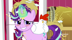 Size: 1280x720 | Tagged: safe, screencap, character:starlight glimmer, species:bird, species:chicken, species:pony, species:unicorn, episode:harvesting memories, blushing, cute, female, glimmerbetes, mare