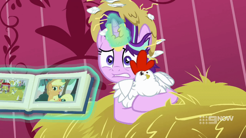 Size: 800x450 | Tagged: safe, screencap, character:apple bloom, character:applejack, character:starlight glimmer, species:bird, species:chicken, species:earth pony, species:pony, species:unicorn, episode:harvesting memories, episode:somepony to watch over me, episode:sparkle's seven, g4, my little pony: friendship is magic, animated, book, female, gif, levitation, magic, mare, relief, sweet apple acres, telekinesis