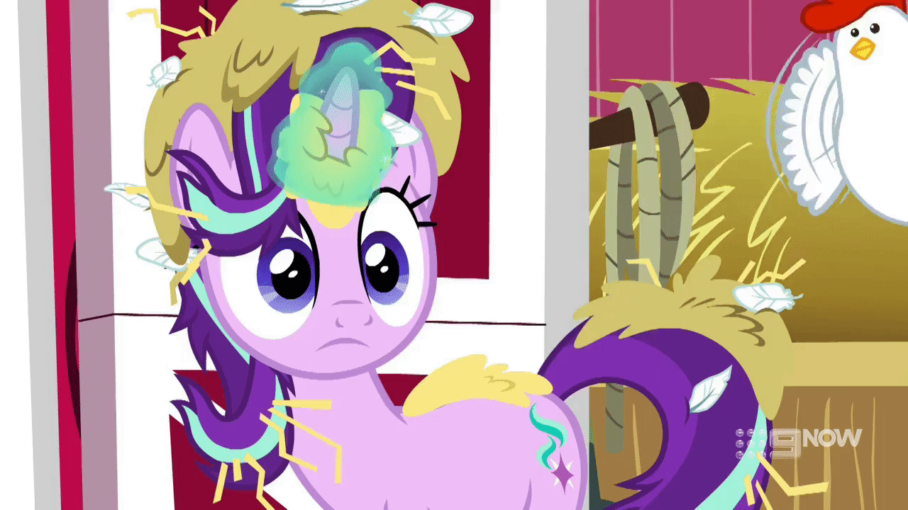 Size: 1280x720 | Tagged: safe, screencap, character:starlight glimmer, species:bird, species:chicken, species:pony, species:unicorn, episode:harvesting memories, animated, blushing, cute, dhx is trying to murder us, female, gif, glimmerbetes, looking at you, mare, solo