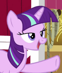 Size: 223x260 | Tagged: safe, screencap, character:starlight glimmer, character:twilight sparkle, species:pony, species:unicorn, episode:harvesting memories, cropped, hoof pointing, imitation, implied twilight sparkle, mane swap, palindrome get, pointing, starlight sparkle