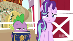 Size: 1280x720 | Tagged: safe, screencap, character:spike, character:starlight glimmer, species:pony, species:unicorn, episode:harvesting memories, female, mare, sweet apple acres