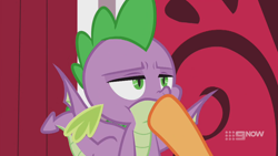 Size: 1280x720 | Tagged: safe, screencap, character:applejack, character:spike, species:dragon, species:earth pony, species:pony, episode:harvesting memories, flying, hoofjack, spike is not amused, sweet apple acres barn, unamused