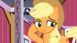 Size: 1280x720 | Tagged: safe, screencap, character:applejack, species:earth pony, species:pony, episode:harvesting memories, cute, female, jackabetes, mare, shy, smiling, solo, sweet apple acres