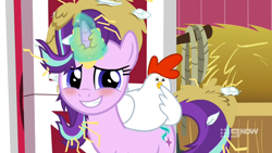 Size: 1280x720 | Tagged: safe, screencap, character:starlight glimmer, species:bird, species:chicken, species:pony, species:unicorn, episode:harvesting memories, blushing, female, mare, smiling, sweet apple acres