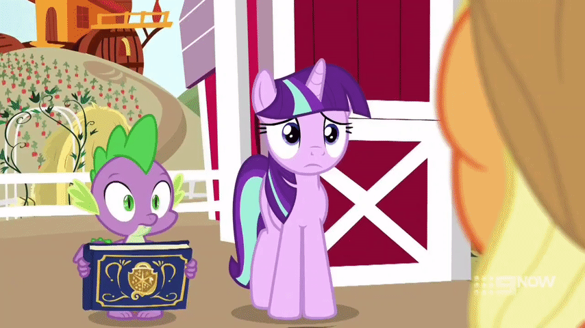 Size: 854x480 | Tagged: safe, screencap, character:applejack, character:spike, character:starlight glimmer, species:dragon, species:pony, species:unicorn, episode:harvesting memories, alternate hairstyle, animated, book, book of memories, impersonating, implied twilight sparkle, sweet apple acres, watermark