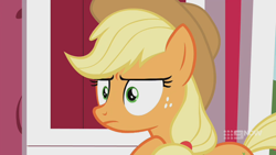 Size: 1280x720 | Tagged: safe, screencap, character:applejack, species:earth pony, species:pony, episode:harvesting memories, applejack is not amused, solo, sweet apple acres barn, unamused