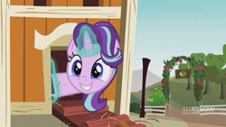 Size: 1280x720 | Tagged: safe, screencap, character:starlight glimmer, species:pony, species:unicorn, episode:harvesting memories, 9now, apple, apple tree, book, chicken coop, cute, excited, female, glimmerbetes, glowing horn, grin, hair flip, levitation, magic, magic aura, mare, smiling, solo, sweet apple acres, telekinesis, tree