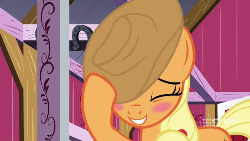 Size: 800x450 | Tagged: safe, screencap, character:applejack, species:earth pony, species:pony, episode:harvesting memories, animated, applejack's hat, barn, blushing, clothing, cowboy hat, cute, female, gif, hat, jackabetes, mare, smiling, solo