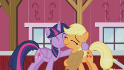 Size: 1280x720 | Tagged: safe, screencap, character:applejack, character:twilight sparkle, character:twilight sparkle (alicorn), species:alicorn, species:earth pony, species:pony, episode:harvesting memories, 9now, applejack's hat, clothing, cowboy hat, cute, dawwww, duo, eyes closed, female, hat, hug, jackabetes, mare, smiling, sweet apple acres, sweet apple acres barn, twiabetes