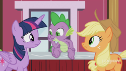 Size: 1280x720 | Tagged: safe, screencap, character:applejack, character:spike, character:twilight sparkle, character:twilight sparkle (alicorn), species:alicorn, species:dragon, species:earth pony, species:pony, episode:harvesting memories, applejack's hat, clothing, cowboy hat, female, hat, mare, sitting, sweet apple acres, sweet apple acres barn