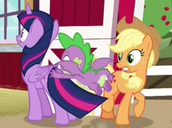 Size: 1241x930 | Tagged: safe, screencap, character:applejack, character:spike, character:twilight sparkle, character:twilight sparkle (alicorn), species:alicorn, species:dragon, species:earth pony, species:pony, episode:harvesting memories, female, flying, male, mare, pushing, surprised, sweet apple acres