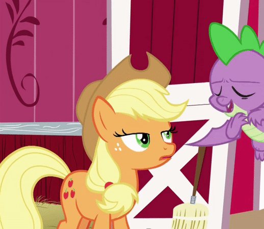 Size: 518x450 | Tagged: safe, screencap, character:applejack, character:spike, species:dragon, species:earth pony, species:pony, episode:harvesting memories, animated, applejack's hat, barn, blushing, broom, claws, clothing, cowboy hat, cropped, crossed arms, cute, embarrassed, flapping, flying, gif, hat, jackabetes, lidded eyes, lip bite, looking at someone, looking away, looking back, looking offscreen, ponytail, raised eyebrow, smike, smiling, smirk, smug, stetson, sweet apple acres barn, winged spike