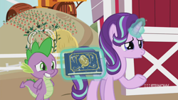 Size: 1280x720 | Tagged: safe, screencap, character:spike, character:starlight glimmer, species:dragon, species:pony, species:unicorn, episode:harvesting memories, 9now, book, carrot, carrot farm, duo, female, food, hay, levitation, magic, mare, sweet apple acres, sweet apple acres barn, telekinesis, worried