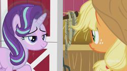 Size: 1280x720 | Tagged: safe, screencap, character:applejack, character:starlight glimmer, species:earth pony, species:pony, species:unicorn, episode:harvesting memories, bedroom eyes, duo, female, hay, looking at each other, magic, mare, sweet apple acres, sweet apple acres barn