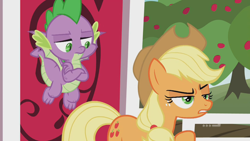 Size: 1280x720 | Tagged: safe, screencap, character:applejack, character:spike, species:dragon, species:earth pony, species:pony, episode:harvesting memories, 9now, apple, apple tree, applejack is not amused, applejack's hat, baby dragon, claws, clothing, cowboy hat, crossed arms, cute, cute little fangs, duo, fangs, female, flying, freckles, hat, mare, narrowed eyes, ponytail, raised eyebrow, raised hoof, spike is not amused, stetson, sweet apple acres, sweet apple acres barn, toes, tree, unamused