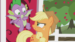 Size: 1280x720 | Tagged: safe, screencap, character:applejack, character:spike, species:dragon, species:earth pony, species:pony, episode:harvesting memories, 9now, angry, apple, apple tree, applejack is not amused, female, flying, looking at each other, mare, sweet apple acres, sweet apple acres barn, tree, unamused, winged spike