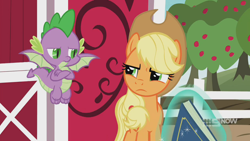 Size: 1280x720 | Tagged: safe, screencap, character:applejack, character:spike, species:dragon, species:earth pony, species:pony, episode:harvesting memories, 9now, apple, apple tree, book, female, flying, levitation, looking at each other, magic, mare, sweet apple acres, sweet apple acres barn, telekinesis, tree