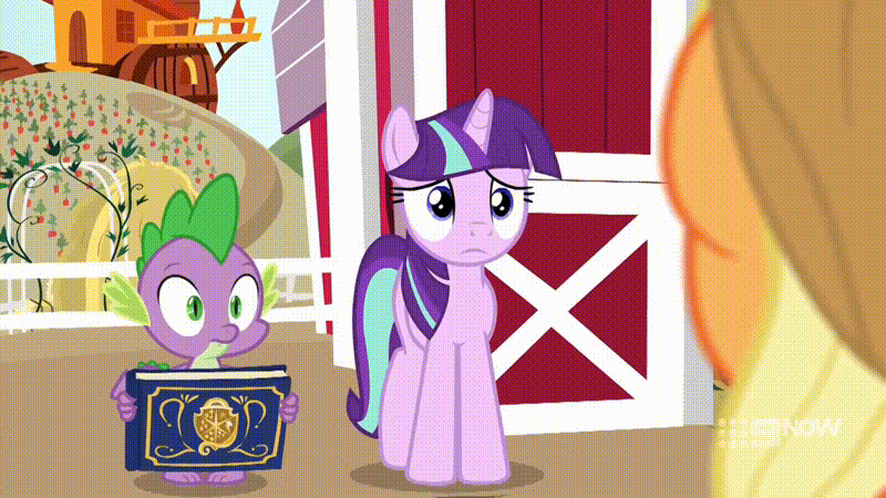 Size: 800x450 | Tagged: safe, screencap, character:applejack, character:starlight glimmer, species:earth pony, species:pony, species:unicorn, episode:harvesting memories, alternate hairstyle, animated, apple, apple tree, applejack's hat, book, clothing, cowboy hat, fence, food, gif, hat, hay bale, implied twilight sparkle, mane swap, sweet apple acres, tree