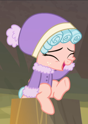 Size: 670x939 | Tagged: safe, screencap, character:cozy glow, episode:frenemies, g4, my little pony: friendship is magic, clothing, cozybetes, cropped, cute, eyes closed, open mouth, sitting, smiling, solo, tree stump, winter outfit