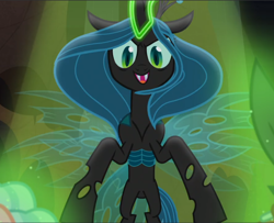 Size: 1158x940 | Tagged: safe, screencap, character:queen chrysalis, species:changeling, episode:frenemies, g4, my little pony: friendship is magic, cropped, evil grin, glowing horn, grin, horn, open mouth, smiling, solo