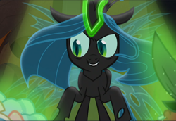 Size: 1366x940 | Tagged: safe, screencap, character:queen chrysalis, species:changeling, episode:frenemies, g4, my little pony: friendship is magic, cropped, evil grin, glowing horn, grin, horn, smiling, solo