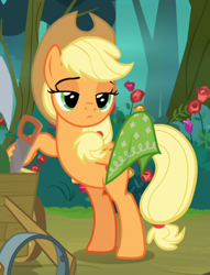 Size: 608x794 | Tagged: safe, screencap, character:applejack, episode:the mean 6, g4, my little pony: friendship is magic, bandana, bipedal, bipedal leaning, cropped, leaning, lidded eyes, solo