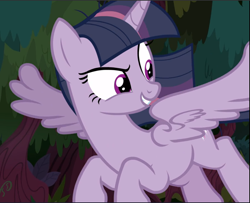 Size: 1163x943 | Tagged: safe, screencap, character:mean twilight sparkle, episode:the mean 6, g4, my little pony: friendship is magic, cropped, evil grin, flying, grin, looking back, smiling, solo, spread wings, wings