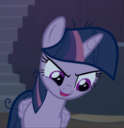 Size: 867x897 | Tagged: safe, screencap, character:mean twilight sparkle, episode:the mean 6, g4, my little pony: friendship is magic, cropped, evil grin, grin, looking down, smiling, solo