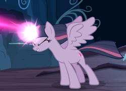 Size: 1173x854 | Tagged: safe, screencap, character:mean twilight sparkle, episode:the mean 6, g4, my little pony: friendship is magic, blast, cropped, eyes closed, glowing horn, horn, magic, magic beam, magic blast, smiling, solo, spread wings, wings